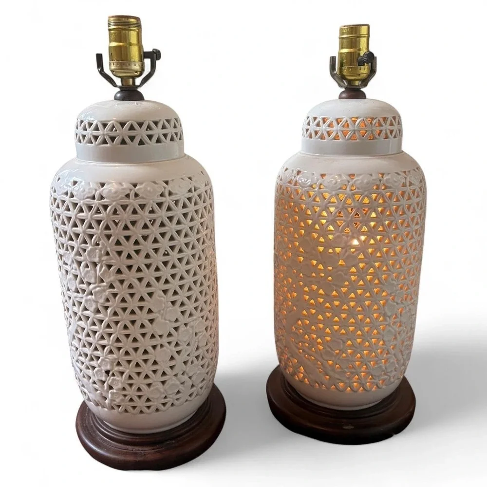 Pair of 70s Style Vtg Chinoiserie Regnecy Blanc De Chine Pierced Porcelain Lamps
